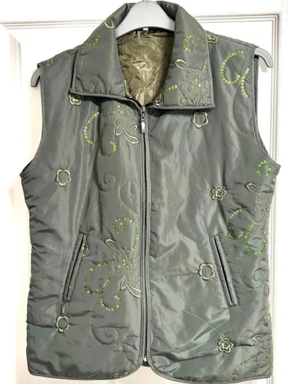 Khaki Embroidered Sequin Floral Padded Gilet Bodywarmer Size M